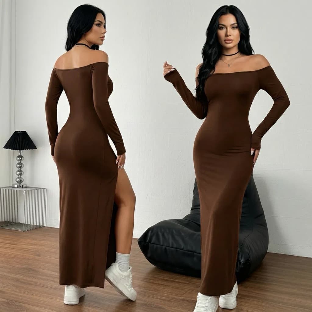 Vestido Feminino Ombro A Ombro Manga Longa Com Fenda Lateral Inverno Festa Ribana Canelada