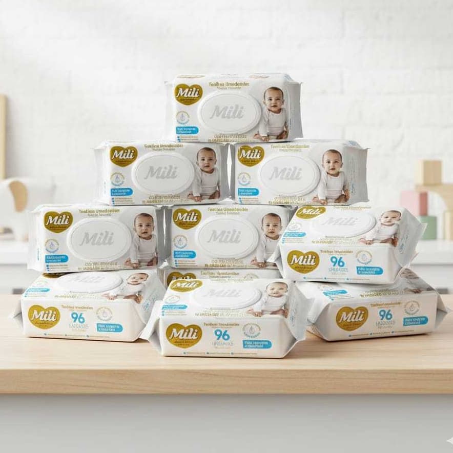 Kit C/576 ou 1.152 Lenço Toalha Umedecida Mili Love & Care Premium, Hipoalergênicas, Pacotes Com 96 Toalhas Cada