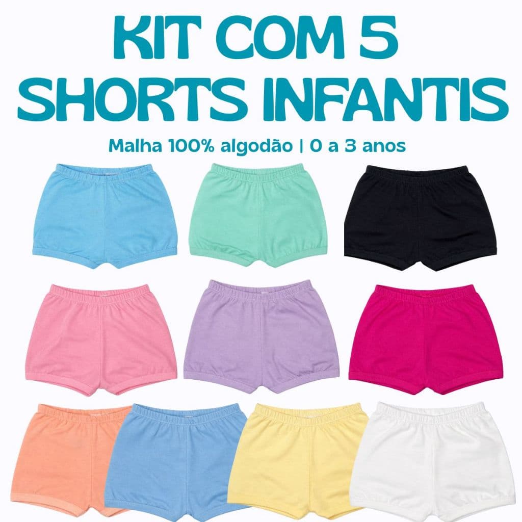 Kit 5 Shorts Tapa Fralda Infantil e Bebê para Menino e Menina Liso de Algodão Para Calor De Verão Confortável