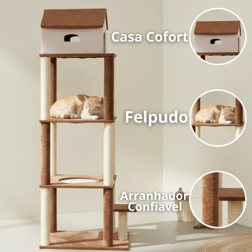 Arranhador Para Gatos Casinha Árvore Com 4 Andares Sisal Casinha E Brinquedos Interativos