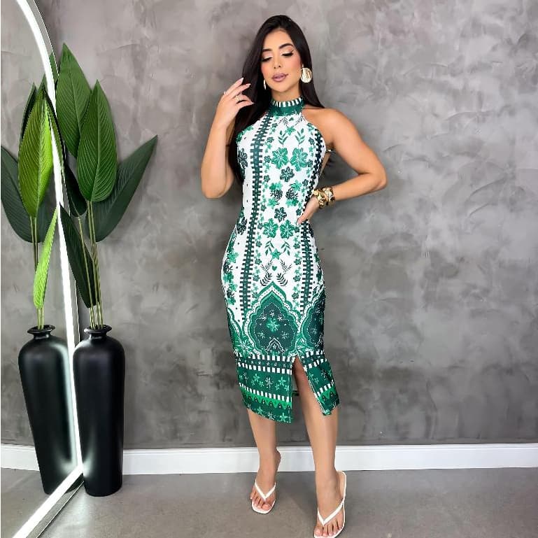Vestido Midi Elegante Feminino com Fenda – Modela o Corpo, Não éTransparente, Ideal para festas
