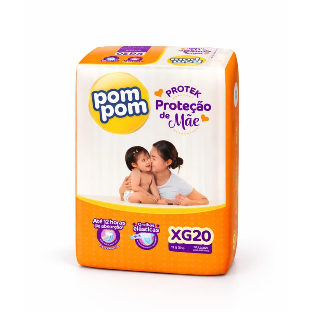 Fralda Descartável PomPom Derma Protek Jumbo | Tamanho XG  | 20 Unidades | Proteção Dermatológica