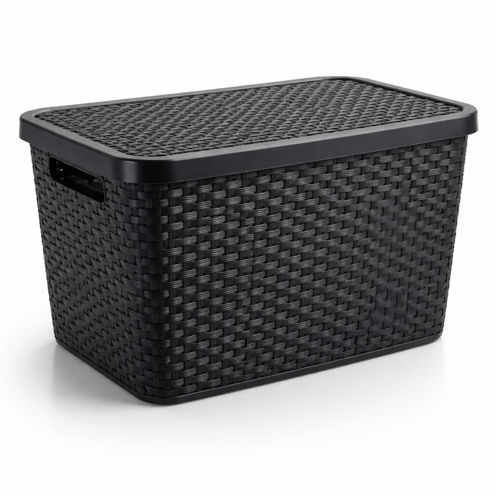 Caixa Organizadora Rattan 7L com Tampa Preta – Empilhável,Resistente,Multiuso para Quarto,Banheiro e Cozinha