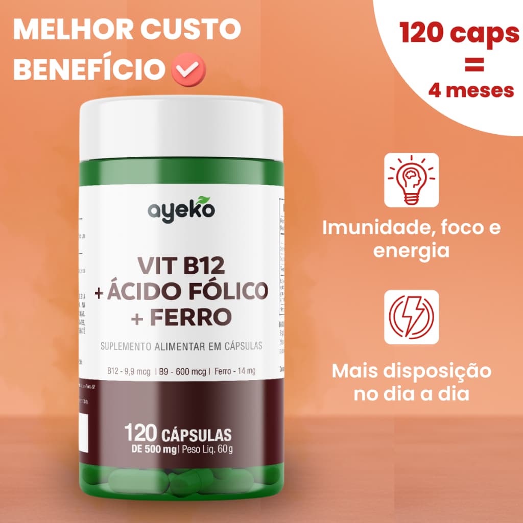 Vitamina B12 + Ácido Fólico + Ferro 120 cápsulas - Ayeko