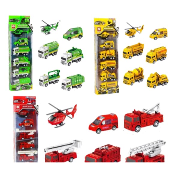 Kit C/6 Carrinhos Fricção Infantil Bombeiro Obra Militar Tanque Trator Escavadeira Caminhão