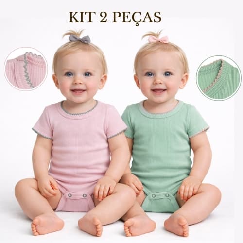 Kit 2 Peças Body Bebê Menina Manga Curta Gola Picueta Bordado Ribana Canelada Liso Enxoval