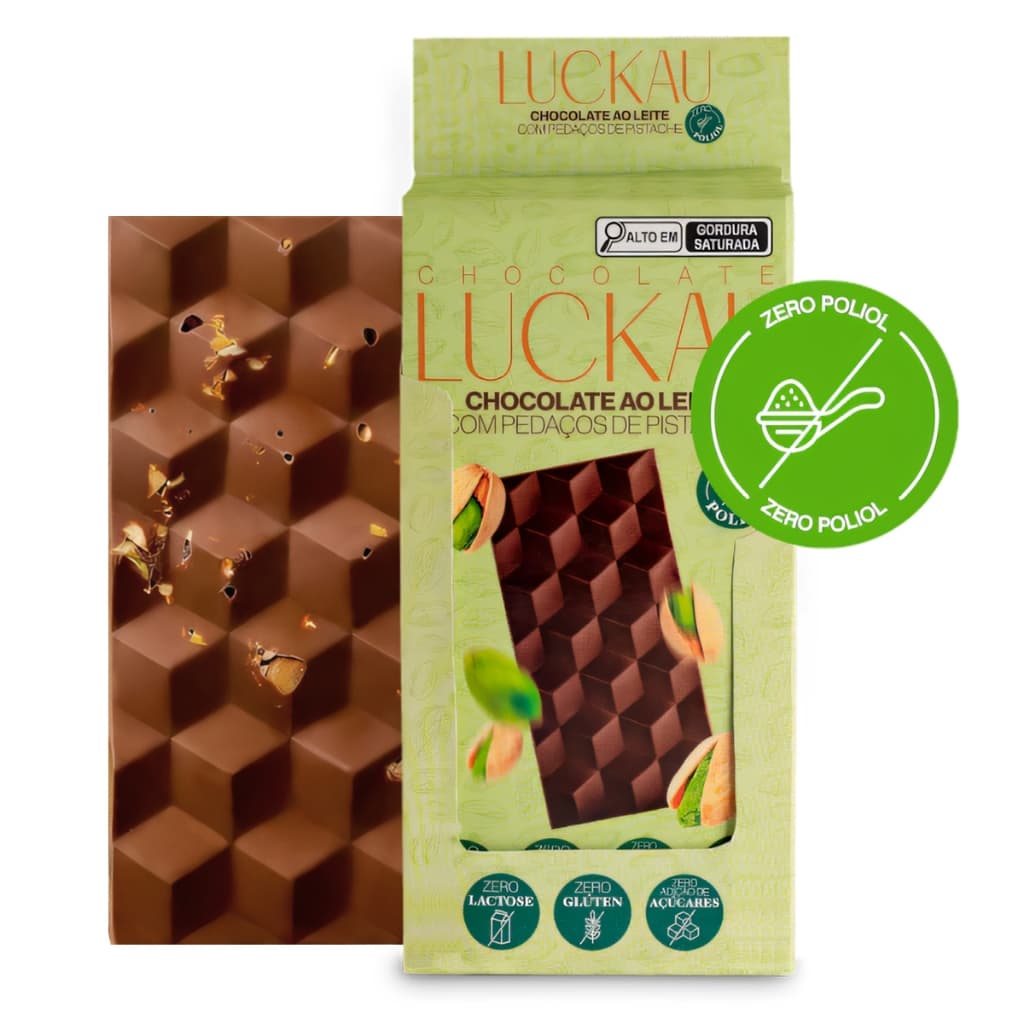 Chocolate Luckau Ao Leite Com Pistache Zero Açúcar Display Kit 6 Barras Zero Poliol Saudável