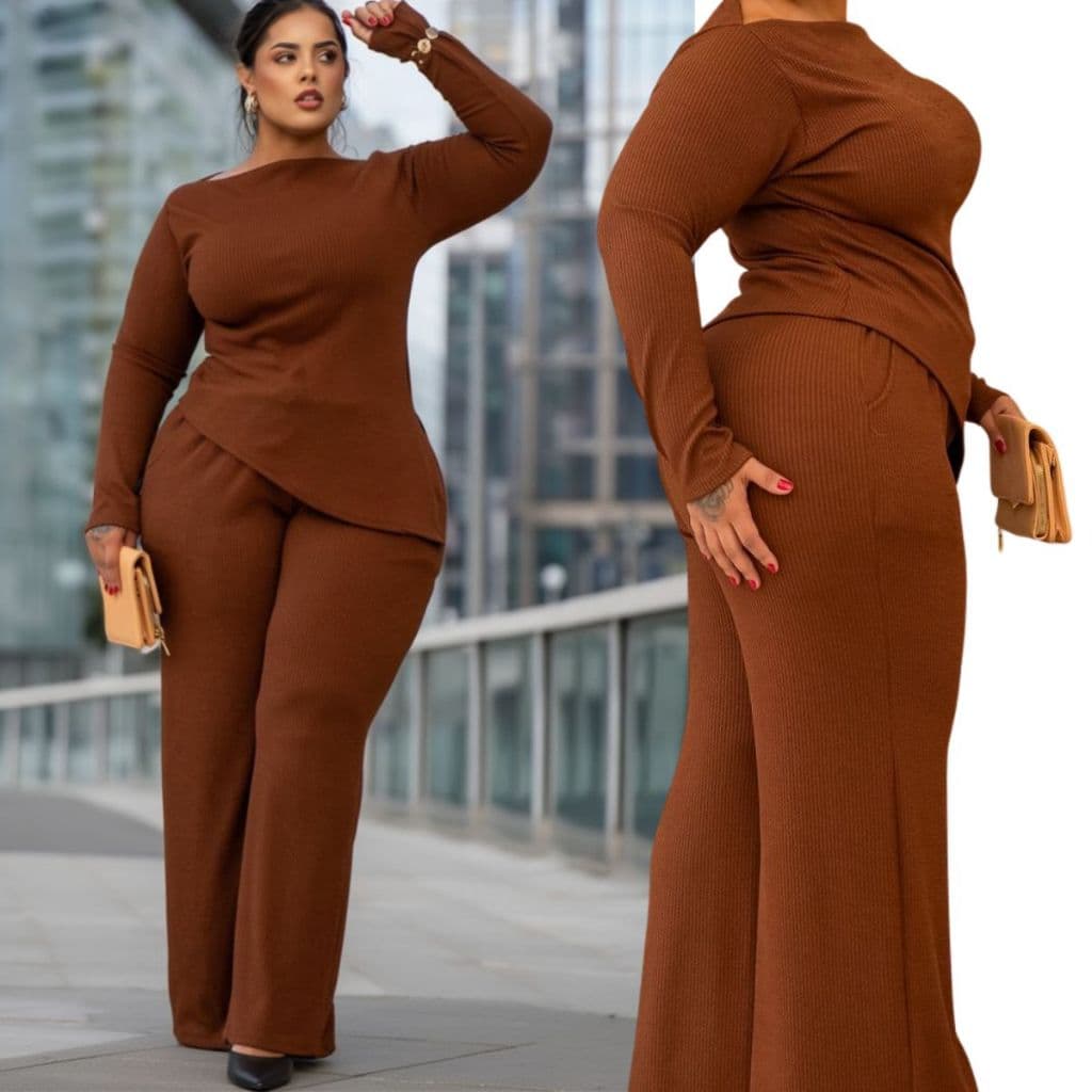 Conjunto Feminino Plus Size Moletom Inverno Manga Longa Calça Wide Leg Roupa Casual Elegante e Confortável Quentinho