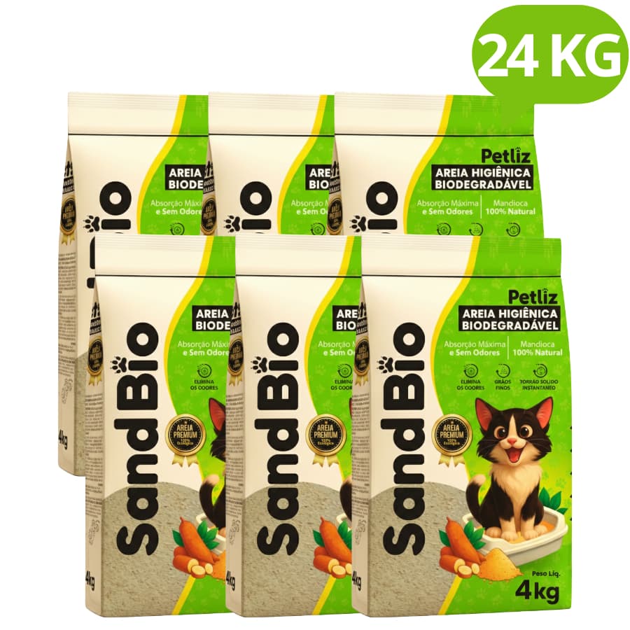 Kit 6 Areias Sanitárias De Mandioca Granulado Para Gatos Biodegradável Wisecat SandBio 24KG