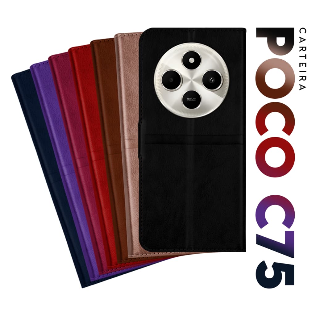 Capa Case Capinha Carteira Flip Cover Couro Sintético PRETA Para Xiaomi Poco C75 tela 6.88 pol. Cell in Power25