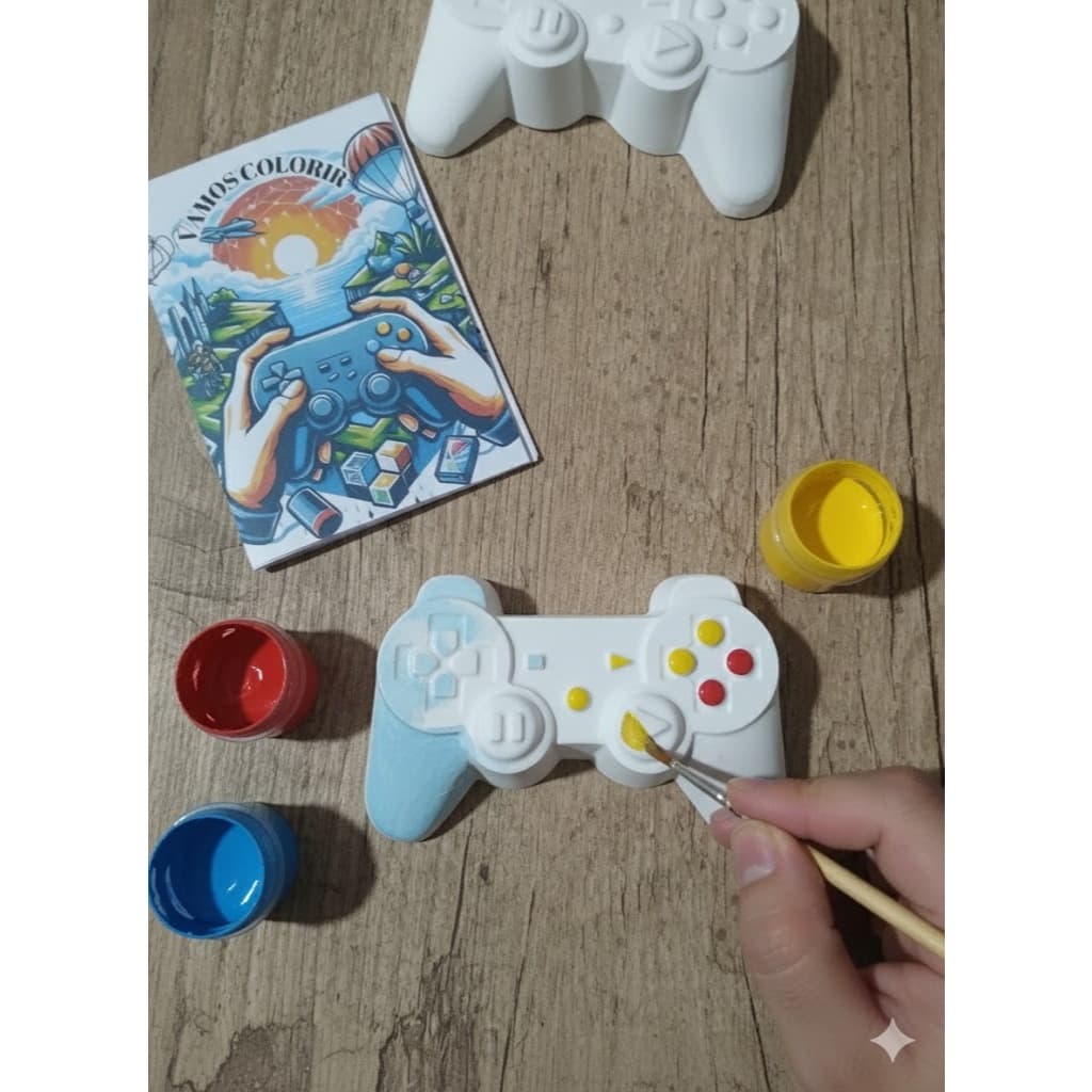 kit Pintura em Gesso Controle Vídeo Game Completo - Lembrancinha com Tinta, Pincel e Mini Livreto