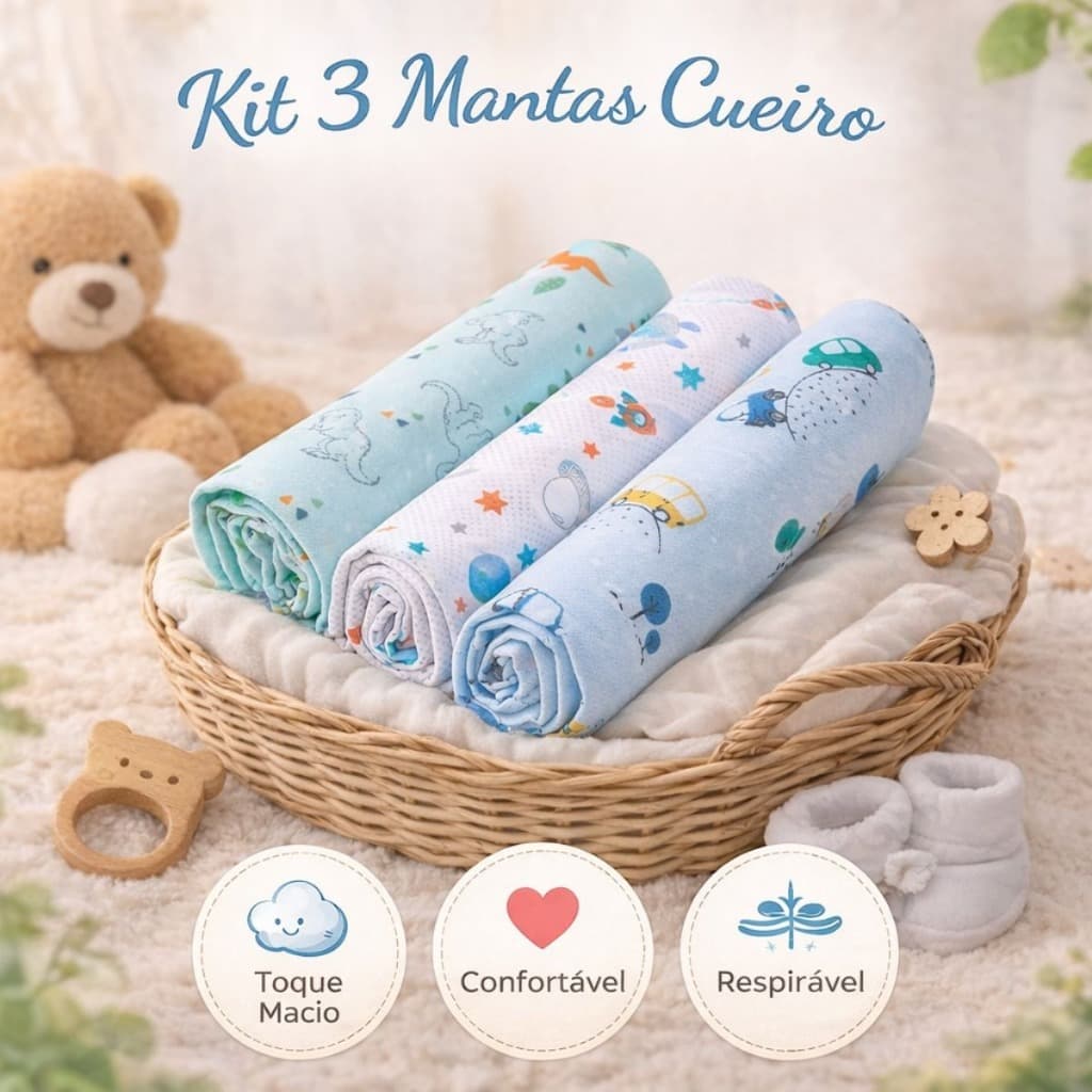 Cueiro Manta Flanelado 100x80cm e 80x80 cm bebê kit com 3 unidades Enxoval Menina Menino Presente