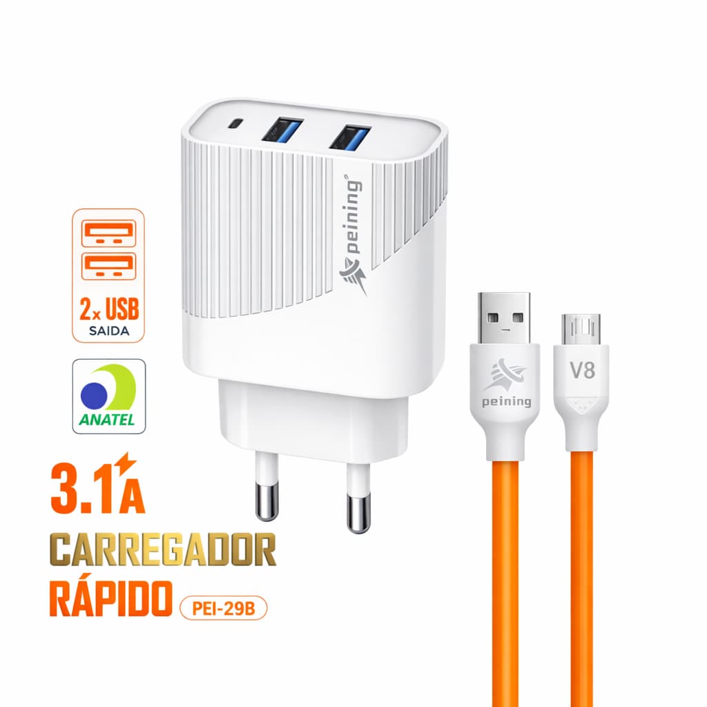 Carregador Rápido 3.1A Peining PEI-29B com 2 Portas USB + Cabo V8 Micro USB Carregamento Rápido  Seguro Homolog Anatel