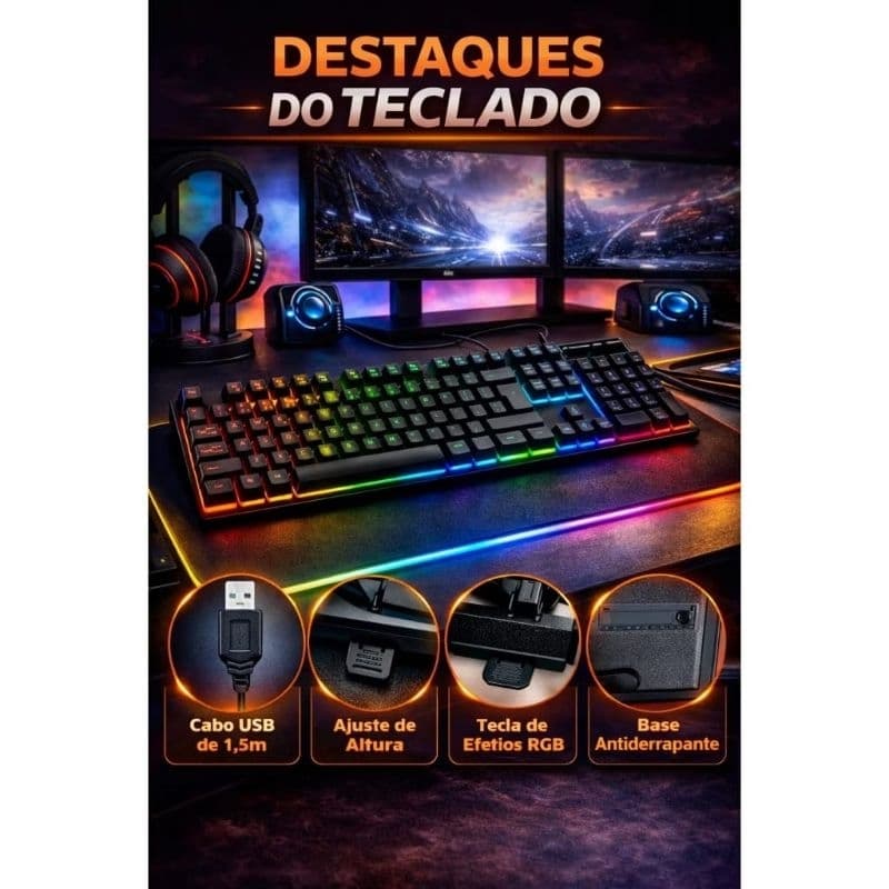 Teclado Gamer RGB Semi-Mecânico ABNT2 – Iluminação LED, Anti-Ghosting e Teclas Multimídia