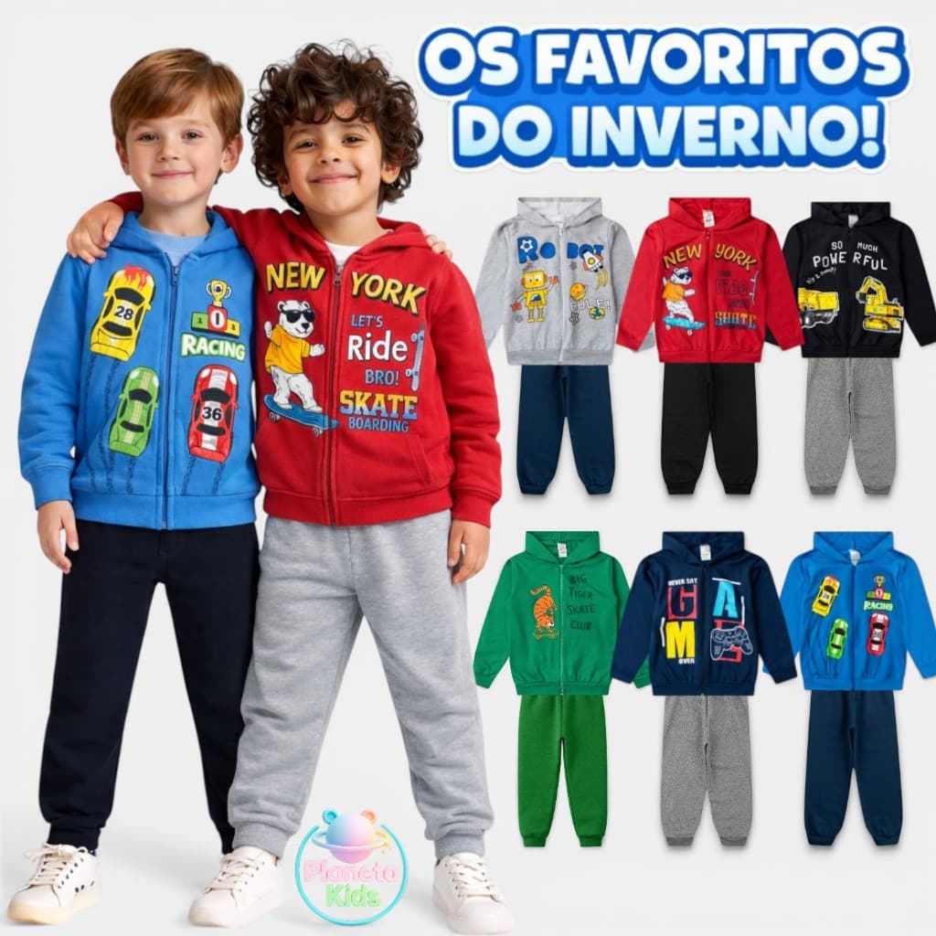 Kit 6 Peças Moletom Jaqueta com Capuz e Zíper e Calça Masculino Infantil Menino Inverno