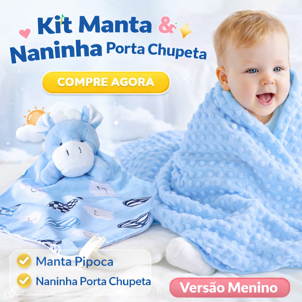 Kit Naninha Porta Chupeta + Manta Bebê Soft Pipoquinha Cobertor Infantil Conforto e Segurança
