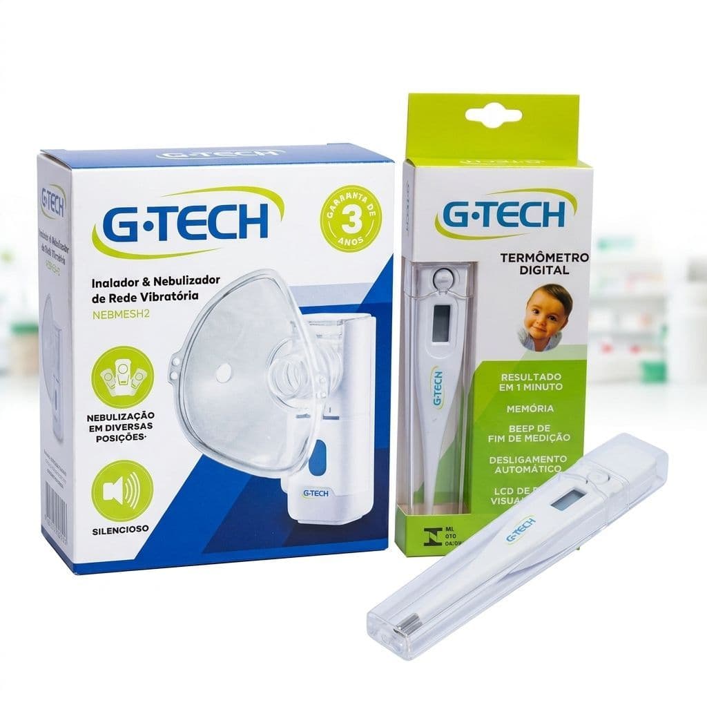 Kit 2 em 1 -  Nebulizador Inalador Nebmesh2 + termómetro Digital G-tech