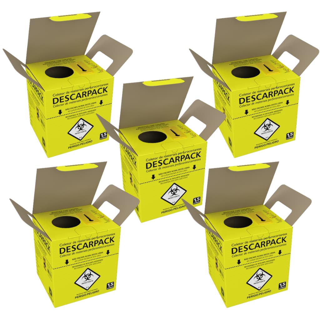 Kit 5 un Coletor Perfurocortante 1,5L Descarpack Descarte Seguro p/ Agulhas e Resíduos