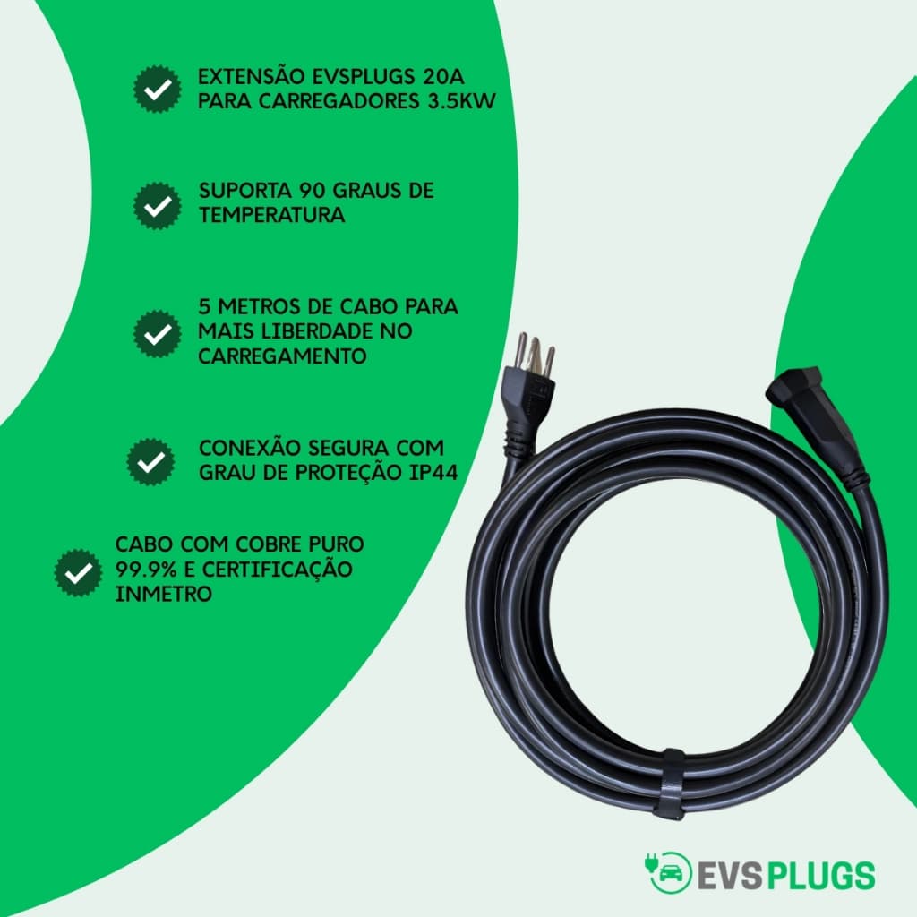 Extensão Carregador Veicular 5m 20a 4mm Byd Gwm Dolphin Mini Taysla Feyree 3.5kw Profissional