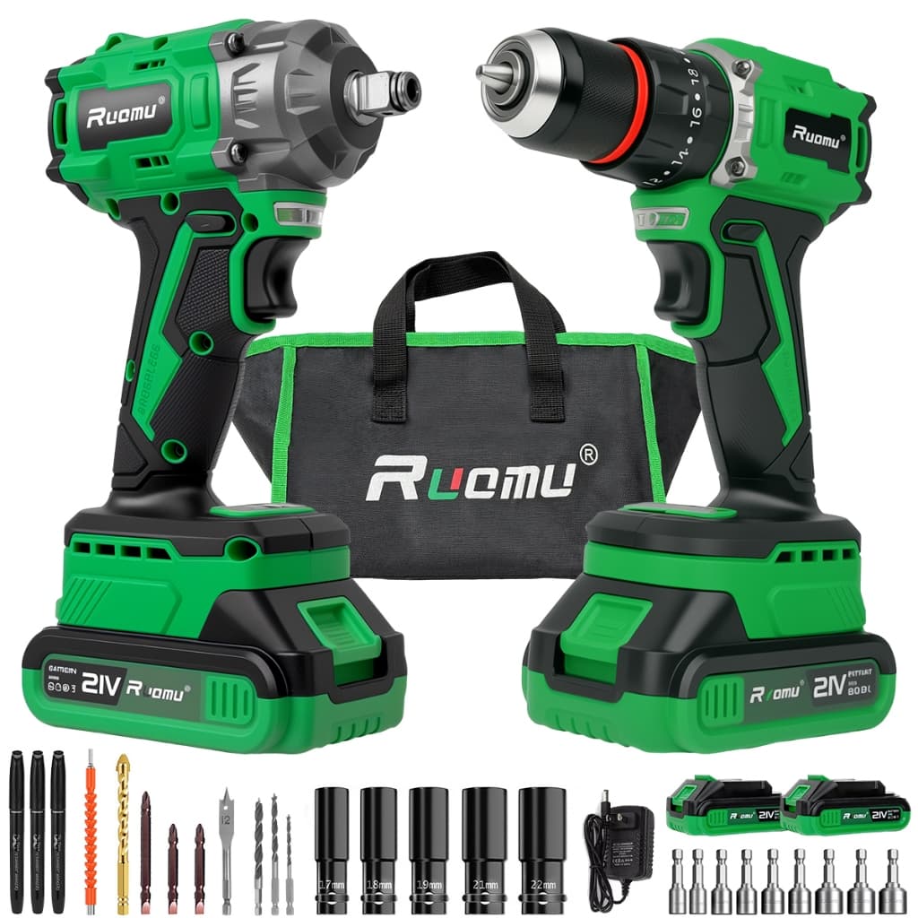Chave de impacto+parafusadeira e furadeira kit 21V Brushless 2 Bateria 2.0AH