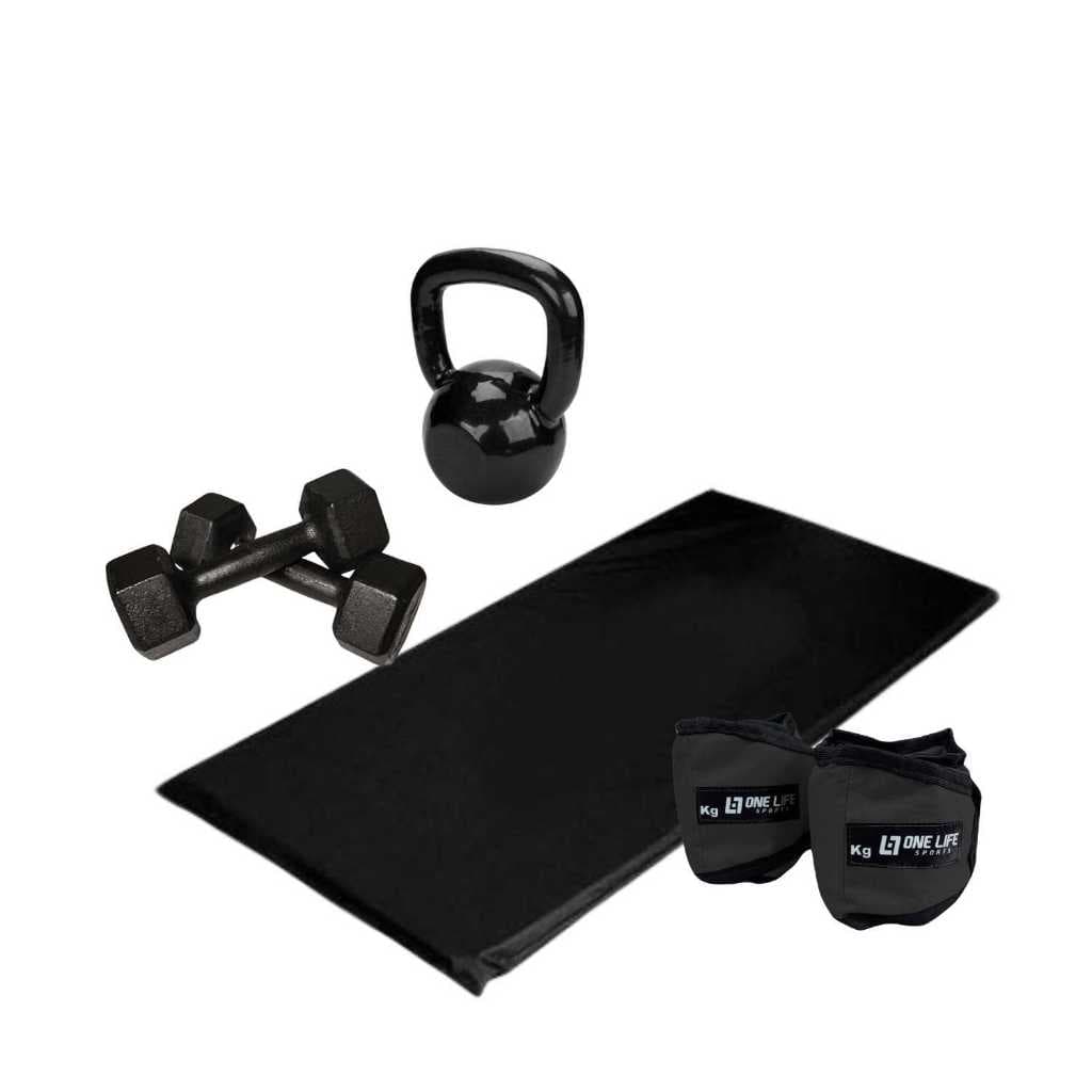 Kit Treino Casa – One Life Sports® – Caneleira 5kg Par + Halter 5kg Par + Kettlebell | Exercícios