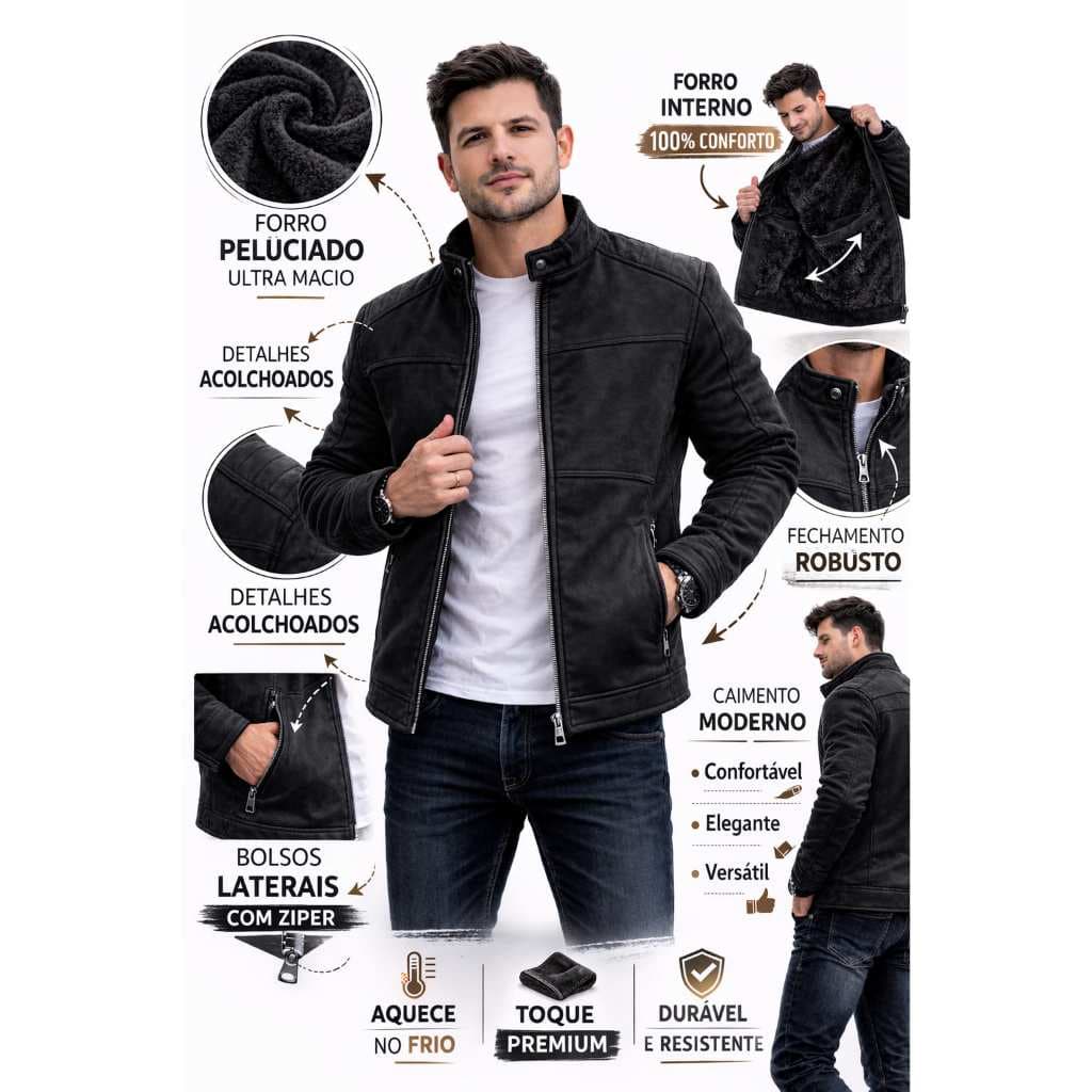 Jaqueta Masculina Alta Qualidade Peluciada Forrada Lã Batida Preta Moda Masculina Inverno Outono