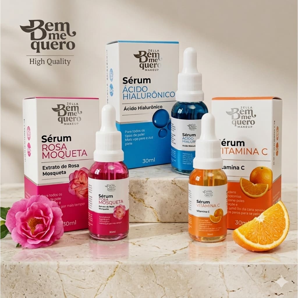 Kit Séruns Facial Bella Bem Me Quero - Ácido Hialurônico, Vitamina C Rosa Mosqueta