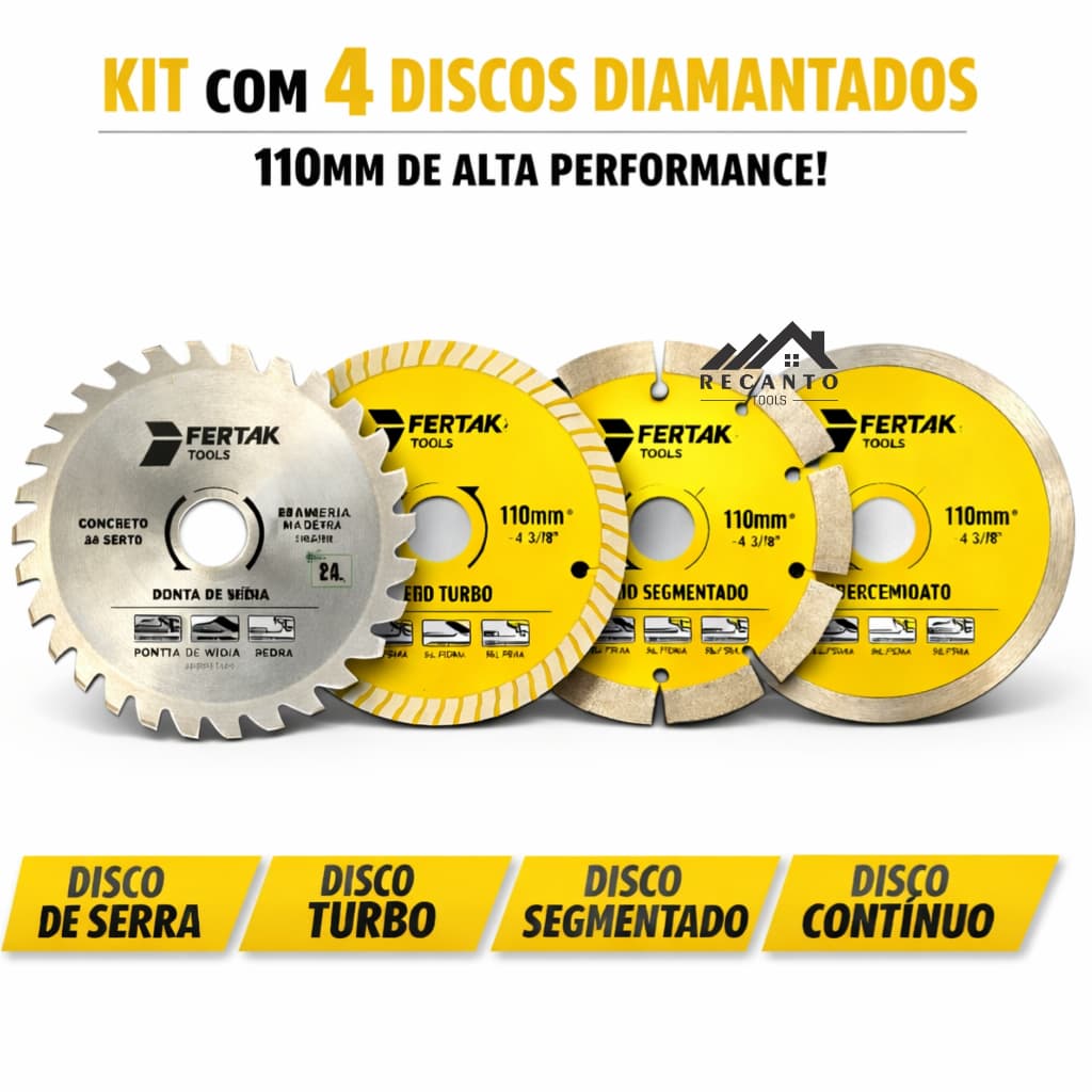 Kit 4 Disco Diamantado 4.3/8" (110mm) Corte Contínuo Turbo Segmentado  Serra Circular + P/ Makita - FERTAK