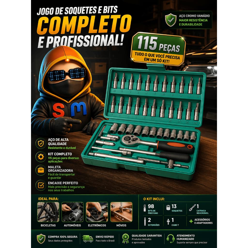 Kit Ferramentas Completo 46 Peças Profissional – Jogo de Soquetes e Bits com Catraca | Alta Resistência e Precisão