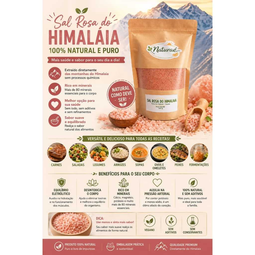Sal Rosa do Himalaia Naturaé 500 g - Natural E Sem Conservantes - Puro e Saudável.
