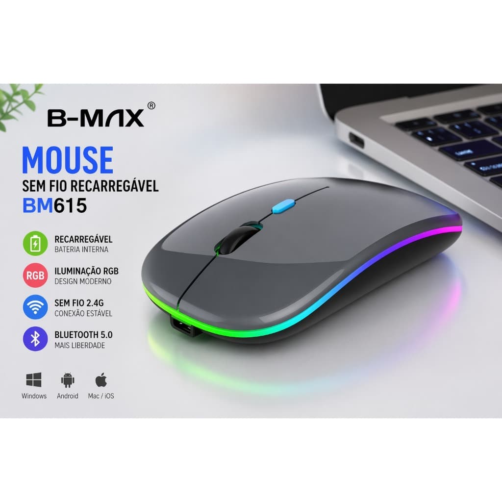 Mouse Sem Fio Recarregável Wireless Optico Led Rgb Ergonômico Sem fio preto