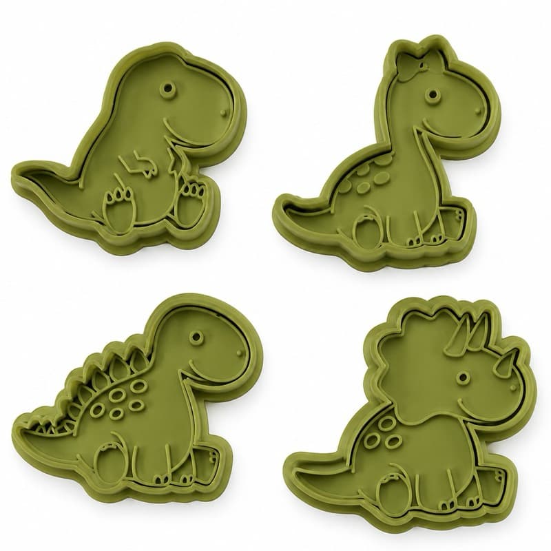 Kit 4 Cortadores Carimbo Dinossauro Para Biscoito Massinha de Modelar Pasta Americana Biscuit Com Carimbo Desencaixável