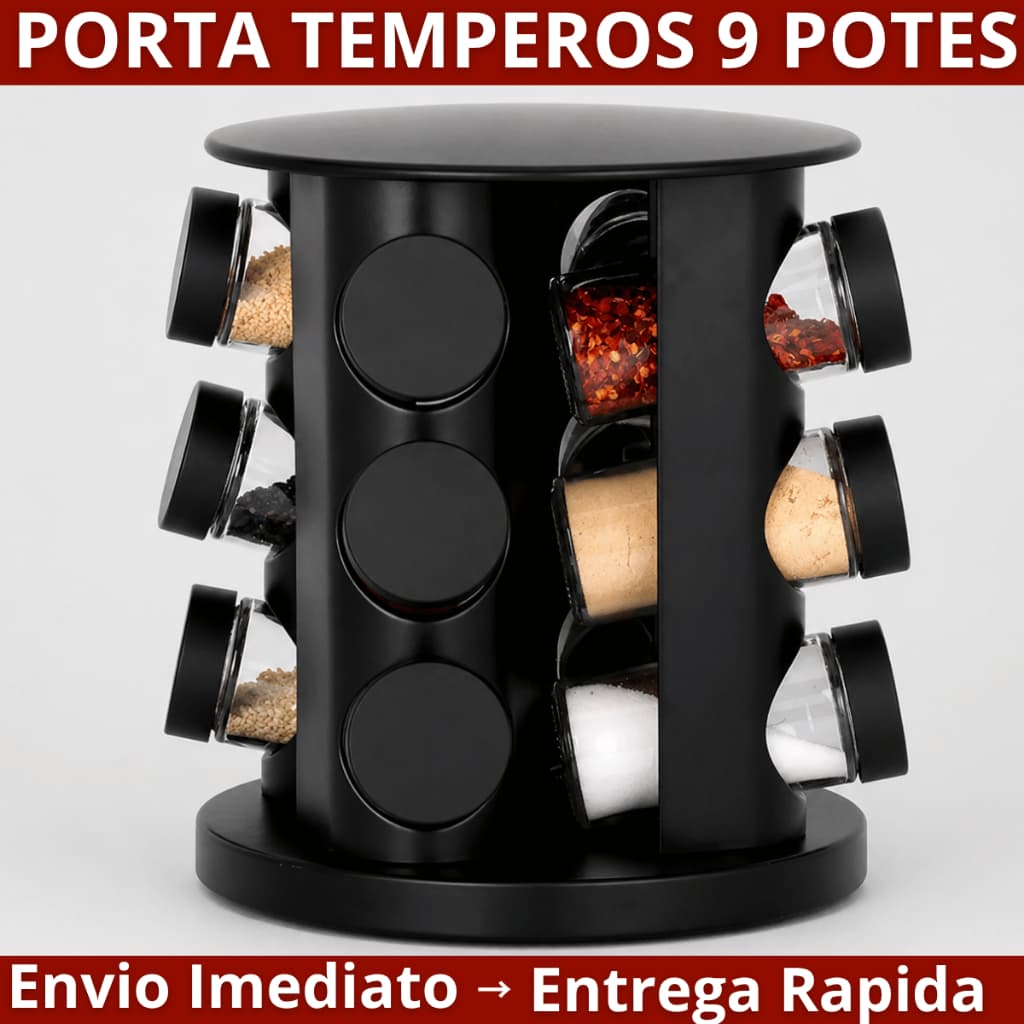 Porta Tempero Condimento Giratório 360º 9 Potes Vidro Organizador Cozinha Profissional