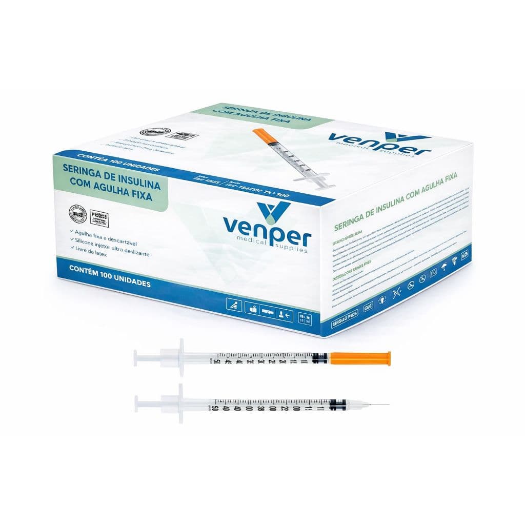 Seringa Venper 0,5ml com Agulha Fixa 6 X 25 - Escala Nítida e Ótima Lubrificação - CAIXA COM 100UN