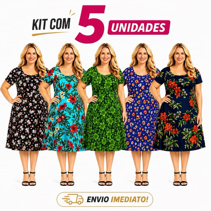Kit 5 Vestidos de Liganete – Com Manga, Estampado, Plus Size, Moda Evangélica, Tamanho Único, Estampas Variadas