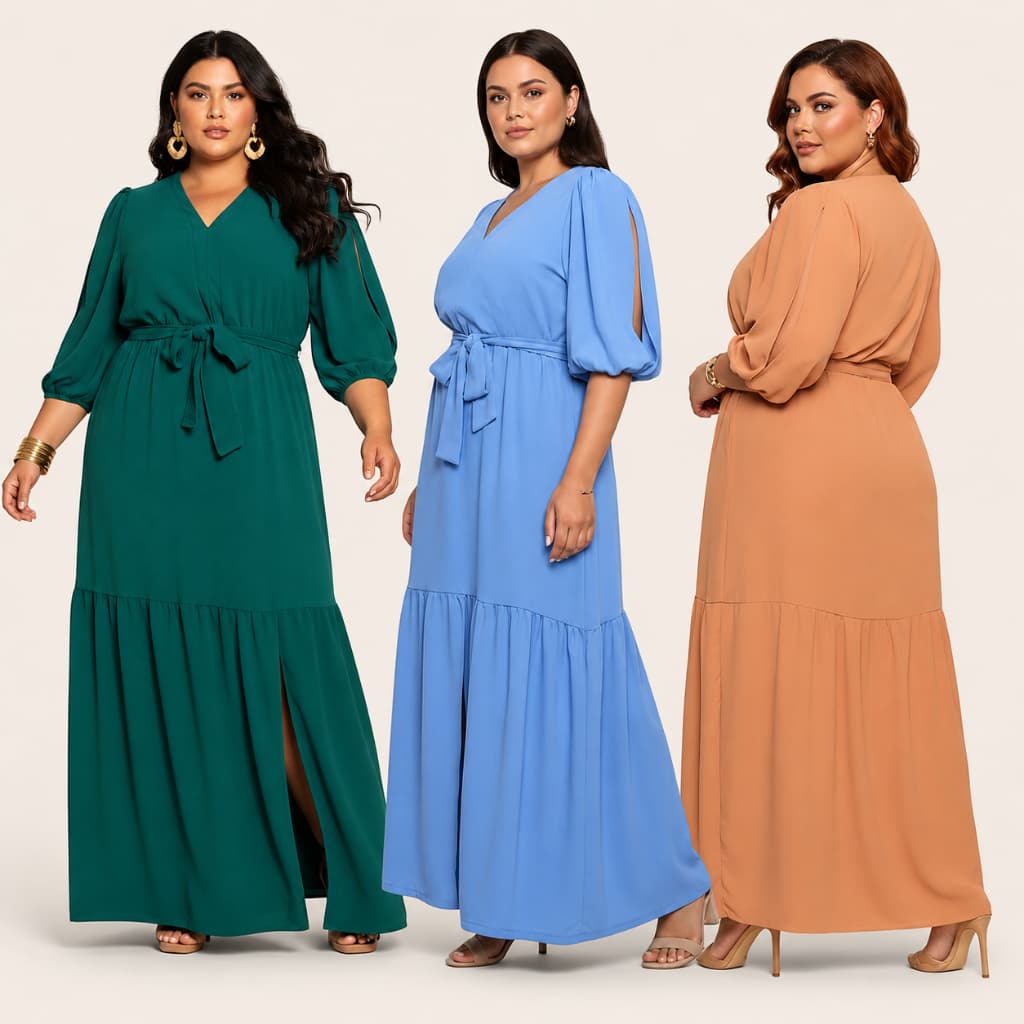 Vestido Longo Plus Size Duna Manga 3/4 com Fenda Elegante Igreja Casamento Festa (G1 ao G5)