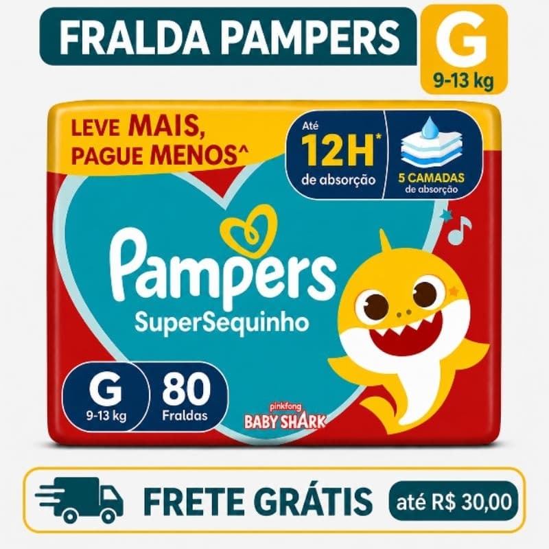FRALDA PAMPERS Tamanho G 80 Unidades Supersequinha Baby Shark - Até 12 Horas de Proteção Pra Seu BEBÊ