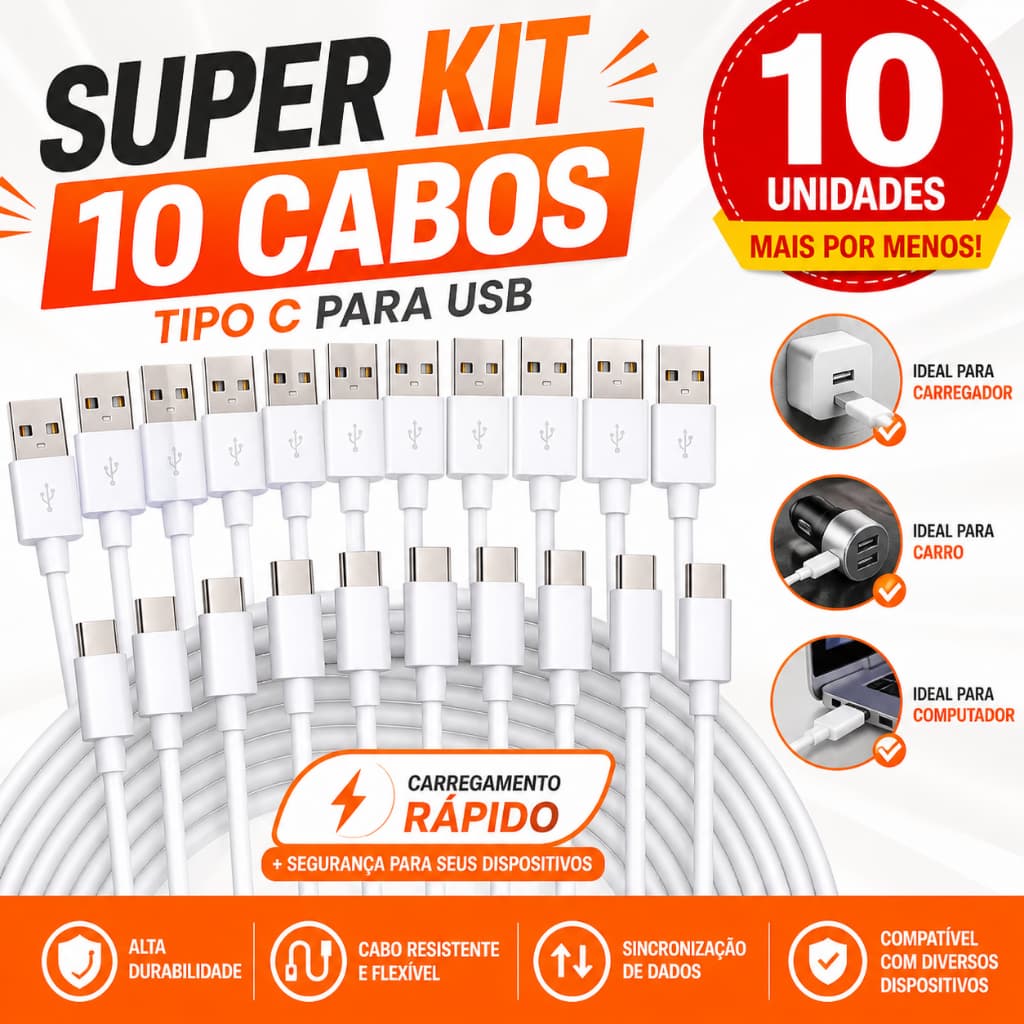 Kit 10 Cabo Tipo C x USB Compatível IPhone 15 16 17 Pro Max Turbo Carregamento Rápido 1 metro