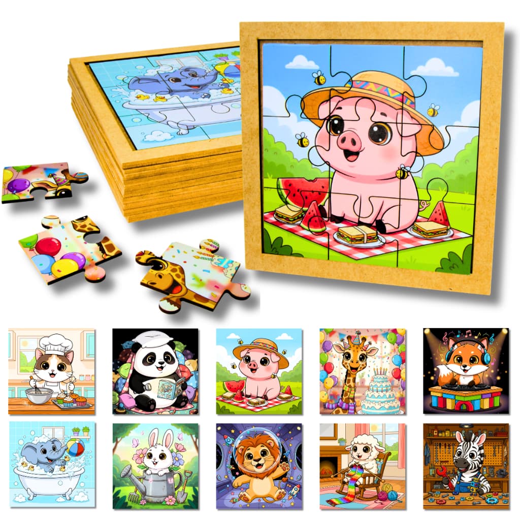 Kit Jogo 10 Quebra Cabeças Animais Brinquedo Infantil Educativo em Madeira MDF Pedagógico Montessori