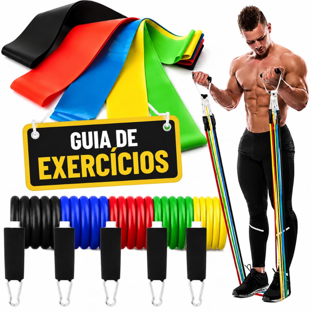 kit 16 itens: Elásticos Extensores + 5 mini bands - Treino em Casa Fitness Musculação Pilates