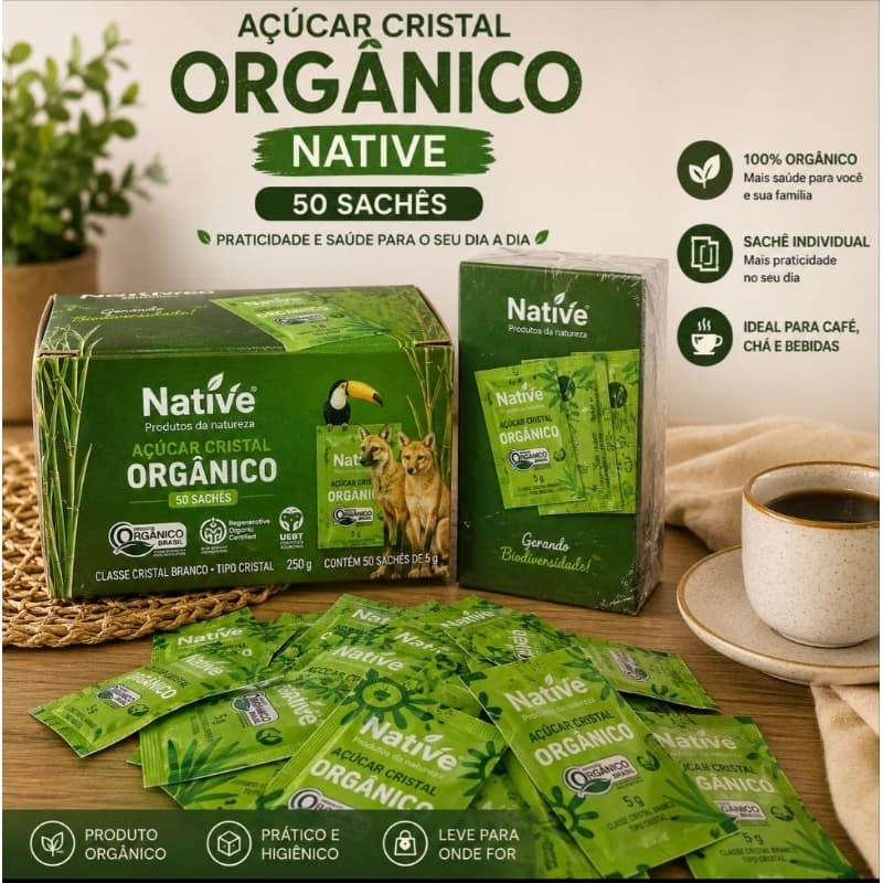 Kit Açúcar Cristal Orgânico Native 50 Sachês Individuais p/ Café Chá Cantinho do Café
