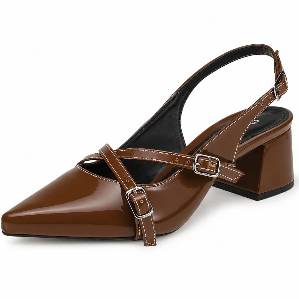 Sapato Feminino Slingback Bico Fino Saltinho Salto Shekinah Confortável Moderno Moda Retrô Fivelas