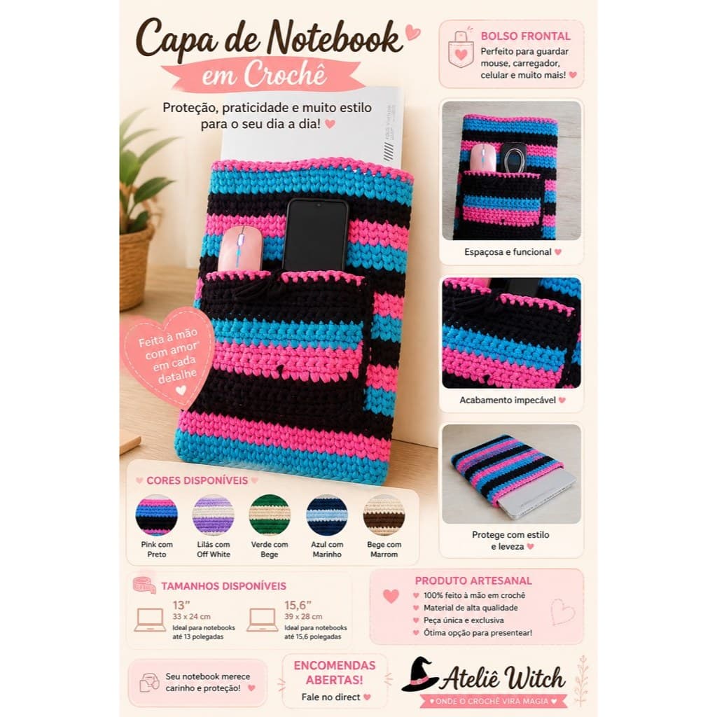capa de notebook croche, case para notebook, capa artesanal notebook, sleeve notebook, capa protetora croche, capa noteb