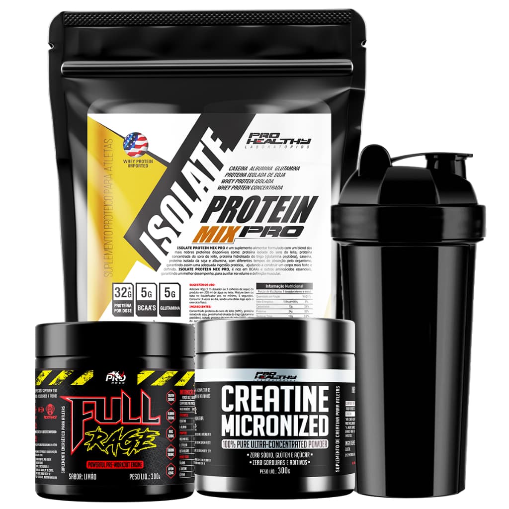 Kit Whey Isolate 900g + Pré Treino Full Rage + Creatina Micronizado 300g e Brinde Pro Healthy