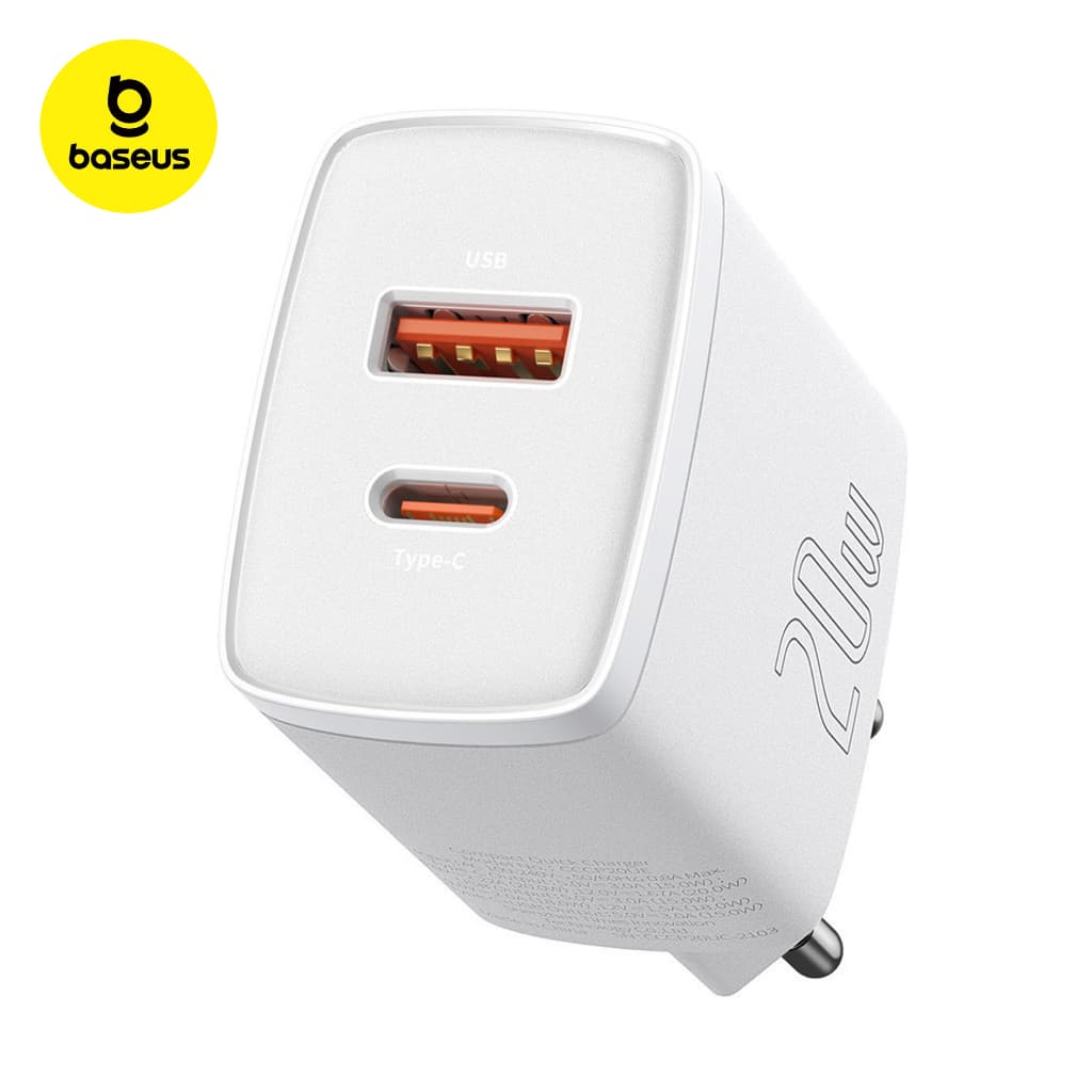 Baseus Carregador De Parede USB-A mais USBC 20w Quick Charge 3.0 PD Carregamento Rápido iPhone
