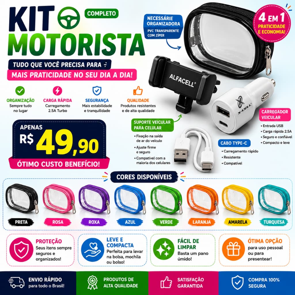 Kit Motorista Completo Suporte Veicular + Carregador  Veicular Turbo Type-C + Necessaire Organizadora PVC