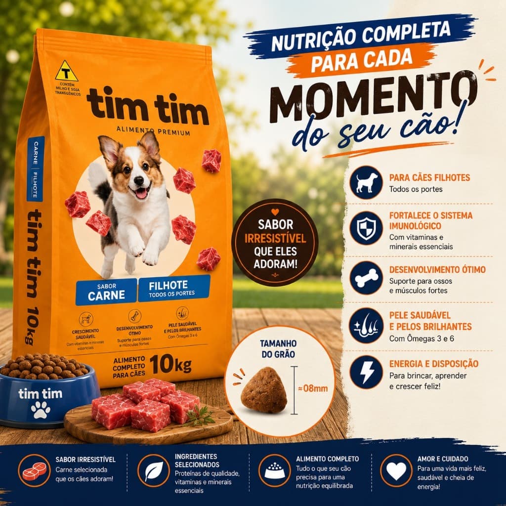 Ração Cachorro Premium Filhote 10,1kg Tim Tim Dog Sabor Carne Nível Proteína 28%
