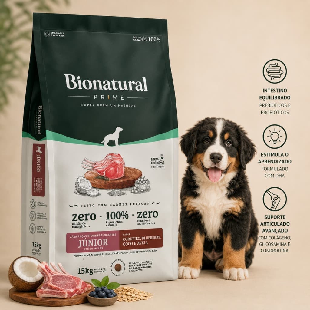 Ração Bio Natural Prime Junior Cães Filhotes Raças Grandes e Gigantes Sabor Cordeiro 15kg