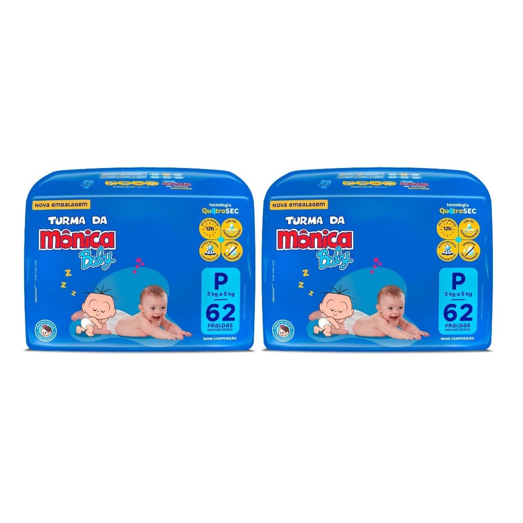 Kit 2ptes Fralda Turma da Mônica Baby P 62un 3-5kg AB.2