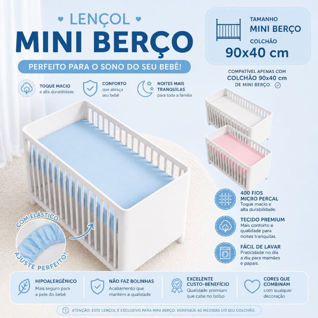 KIT 3 LENÇOL AVULSO MINI BERÇO 400 FIOS MICROPERCAL